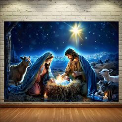 Tenture Murale Art Chrétien La Sainte Nativité sous l’Étoile de Bethléem