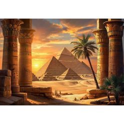 Tenture Murale Égyptienne Colonnes Sacrées face aux Pyramides d’Or