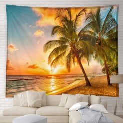 Tenture Murale Paysage Coucher de Soleil Doré sur Palmiers Tropicaux