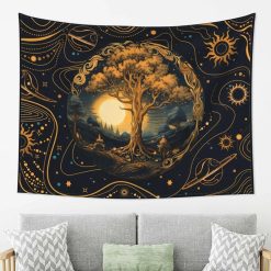 Tenture Murale Arbre de Vie Céleste et Système Solaire Doré