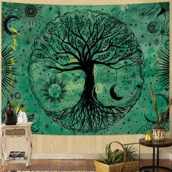 Tenture Murale Arbre de Vie Émeraude et Astres Mystiques