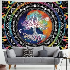 Tenture Murale Arbre de Vie Mandala Yin Yang et Astres