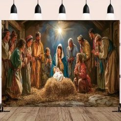 Tenture Murale Art Chrétien "L’Adoration Silencieuse autour de l’Enfant Lumière"