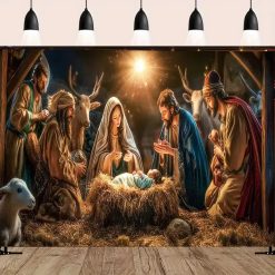 Tenture Murale Art Chrétien - La Nativité, Adoration au Cœur de l’Étable