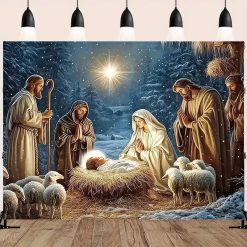 Tenture Murale Art Chrétien - La Nativité Hivernale sous l’Étoile de Paix