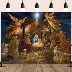 Tenture Murale Art Chrétien - La Sainte Nativité sous les Anges Gardiens