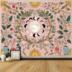 Tenture Murale Bohème Phases de la Lune et Jardin de Fraises Rose