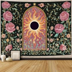 Tenture Murale Bohème Portail Éclipsé et Jardin de Roses Mystiques