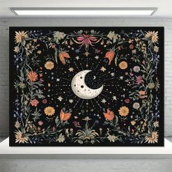 Tenture Murale Hippie Croissant de Lune et Couronne Florale