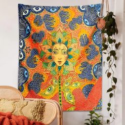 Tenture Murale Hippie Fleur Solaire et Visage Mystique
