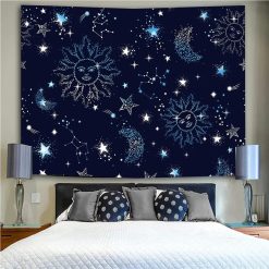 Tenture Murale Hippie Nuit Étoilée et Astres Bleus