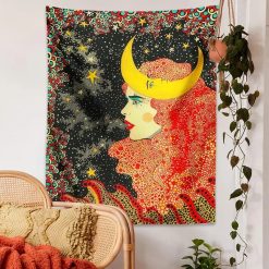Tenture Murale Hippie Profil Lunaire et Chevelure Psychédélique