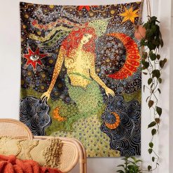 Tenture Murale Hippie Sirène Mystique et Océan d'Étoiles