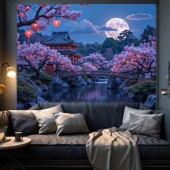 Tenture Murale Japonaise "Clair de Lune sur le Temple des Cerisiers"