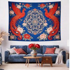 Tenture Murale Japonaise Phénix Impérial aux Pivoines Rouge Éclatant