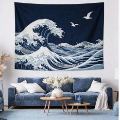 Tenture Murale Japonaise Vague Éternelle Sous Ciel Indigo