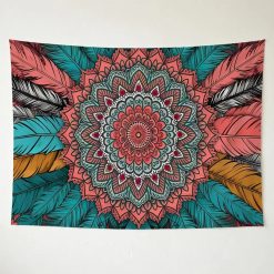 Tenture Murale Mandala « Plumes Nomades Turquoise »
