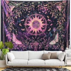 Tenture Murale Mystique "Soleil Rose & Papillons Astrals sur Nuit Cosmique"