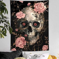 Tenture Murale Tête de Mort - Floraison Funèbre aux Roses Noires