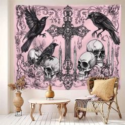 Tenture Murale Tête de Mort Goth Croix Funéraire aux Corbeaux Nocturnes