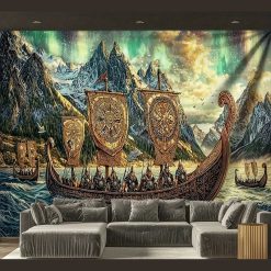 Tenture Murale Viking Drakkars & Aurore Boréale