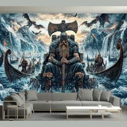Tenture Murale Viking Guerrier au Trône et Dragons