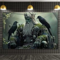 Tenture Murale Viking Odin, Loups & Corbeaux