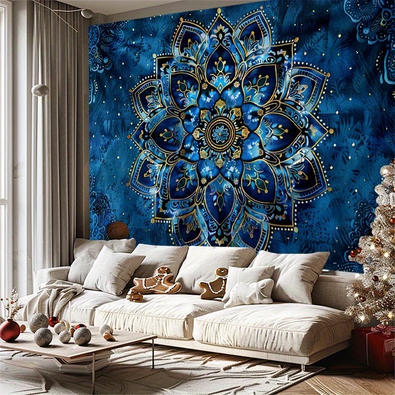 Détails Tenture Murale Mandala Bleu Royal et O