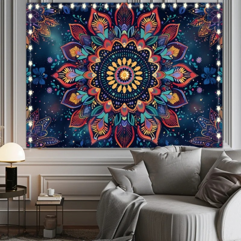 Détails de la Tenture Murale Mandala Nuit Étoilée et Pétales Multicolores