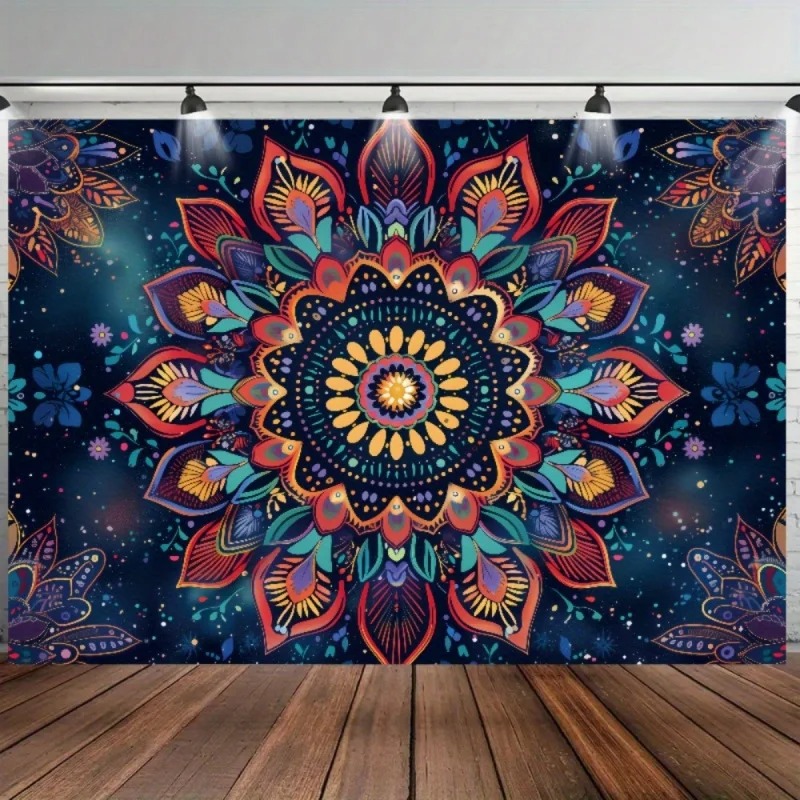 Magnifique Tenture Murale Mandala Nuit Étoilée et Pétales Multicolores