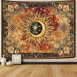 Tenture Murale Hippie Éclipse Solaire et Bouquet de Roses Vintage