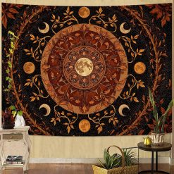 Tenture Murale Hippie Mandala Lunaire et Couronne de Feuillage Mystique