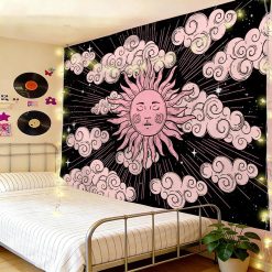Tenture Murale Hippie Soleil Céleste et Nuages Roses