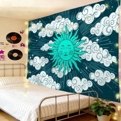 Tenture Murale Hippie Soleil Émeraude et Nuages de Nuit