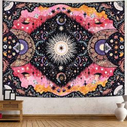 Tenture Murale Hippie Triple Lune et Soleil Rose Galactique