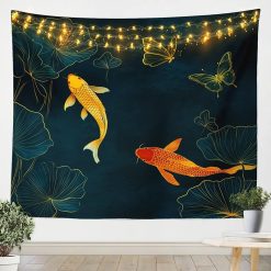 Tenture Murale Japonaise Carpes Koï « Papillons d’Or et Lotus Nocturnes »