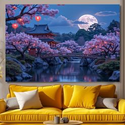 Tenture Murale Japonaise « Jardin Sakura sous la Pleine Lune »