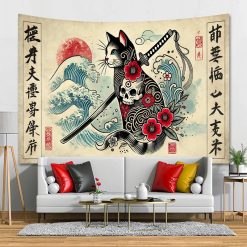 Tenture Murale Japonaise « Neko Sakura Bushidō »