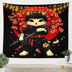 Tenture Murale Japonaise « Neko Samouraï des Cerisiers Rouges »