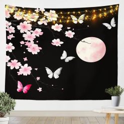 Tenture Murale Japonaise « Sakura Lunaire aux Papillons Blancs »