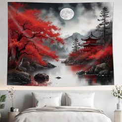 Tenture Murale Japonaise « Temple Rouge sous la Lune Blanche »