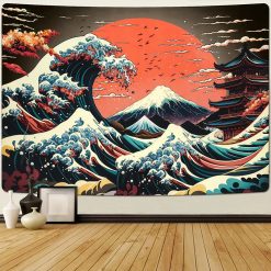 Tenture Murale Japonaise « Vagues du Fuji au Soleil Rouge »