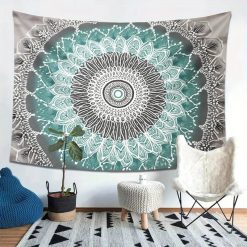 Tenture Murale Mandala Cristallin Émeraude et Gris Perle