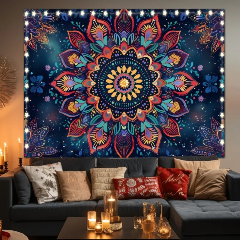 Tenture Murale Mandala Nuit Étoilée et Pétales Multicolores