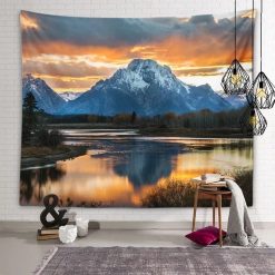 Tenture Murale Nature Coucher de Soleil sur le Grand Teton et Rivière Miroir