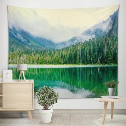Tenture Murale Nature Lac Miroir et Forêt de Sapins dans la Brume
