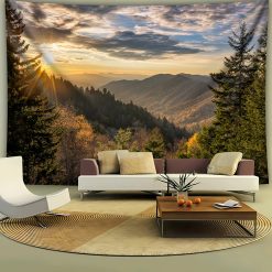 Tenture Murale Paysage 'Horizon Doré sur Montagnes Sylvestres