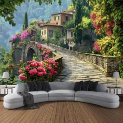 Tenture Murale Paysage Vieux Pont Fleuri de Toscane