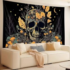Tenture Murale Tête de Mort - Forêt d’Or et Crépuscule Lunaire