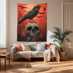 Tenture Murale Tête de Mort Gothique "Corbeau du Crâne Écarlate"